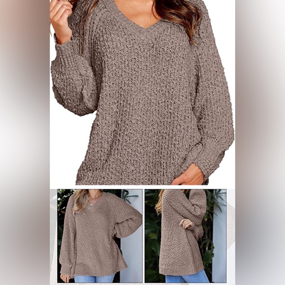 KIRUNDO Women Small Fuzzy Popcorn Sweater V Neck Long Sleeves Loose Fit Sweater - Picture 6 of 10
